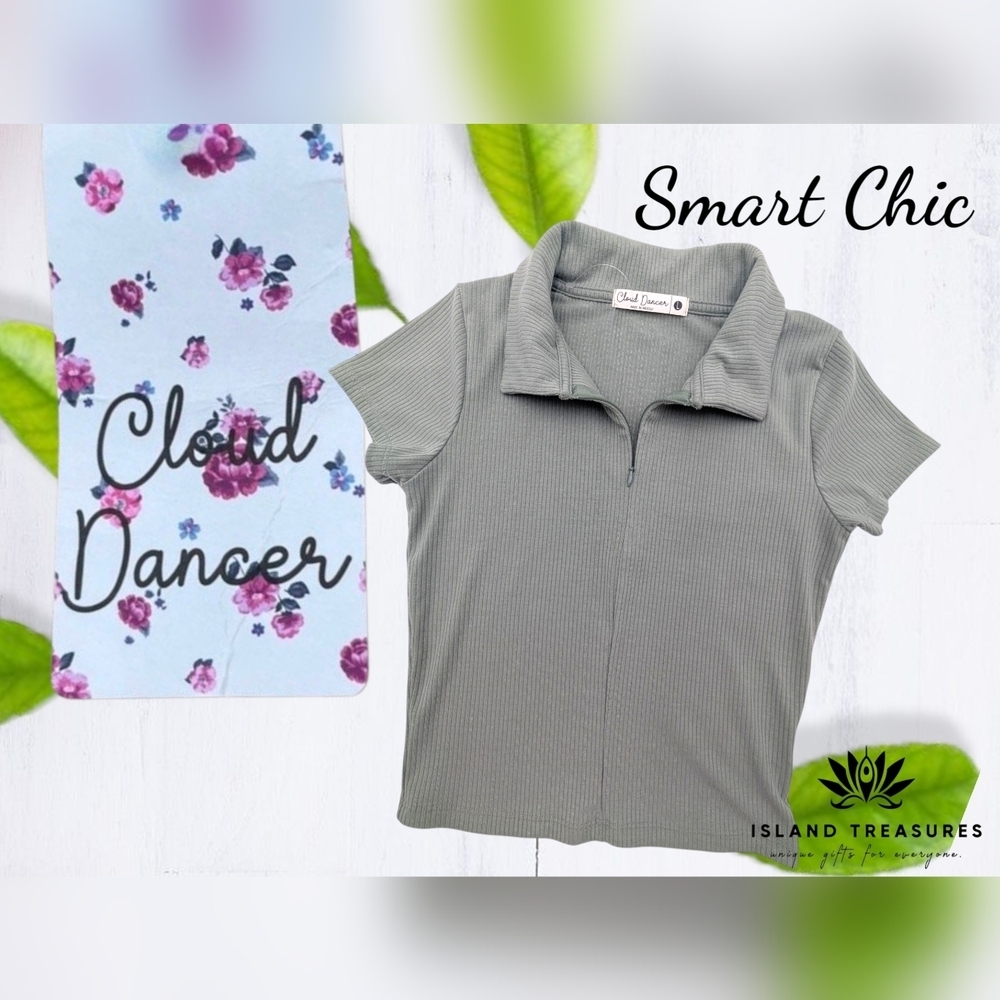 Cloud Dancer Quarter Zip Size Large Collared Formfitting Ribbed Top Light Green